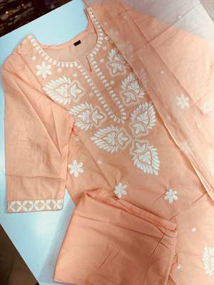 Women's Cotton Embroidered Kurta Pant with Dupatta -Peach 2