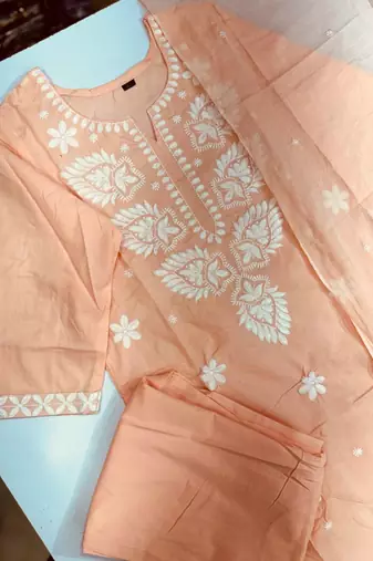 Women's Cotton Embroidered Kurta Pant with Dupatta -Peach
