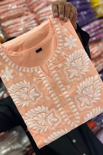 Women's Cotton Embroidered Kurta Pant with Dupatta -Peach