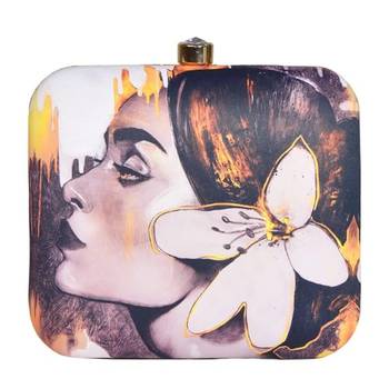 Off white & yellow lady face illustration printed fashion box clutch sling bag for girls 1