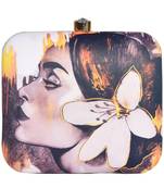 Off white & yellow lady face illustration printed fashion box clutch sling bag for girls