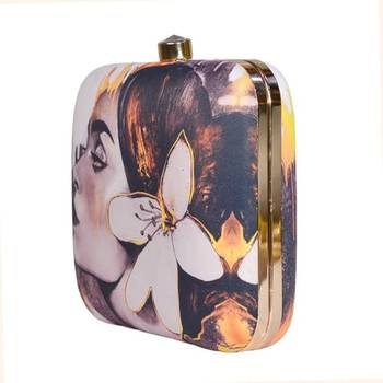 Off white & yellow lady face illustration printed fashion box clutch sling bag for girls 2