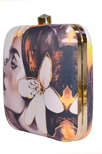 Off white & yellow lady face illustration printed fashion box clutch sling bag for girls