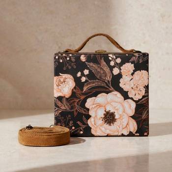 Black floral print suitcase style clutch bag for women with detachable strap 1