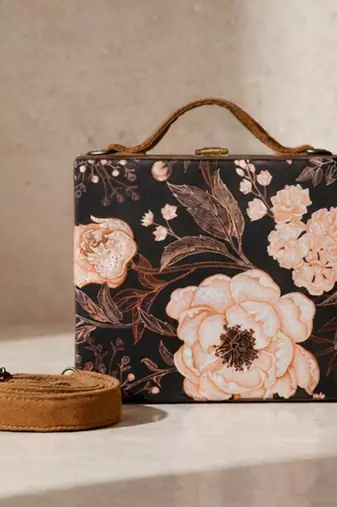 Black floral print suitcase style clutch bag for women with detachable strap
