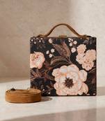 Black floral print suitcase style clutch bag for women with detachable strap