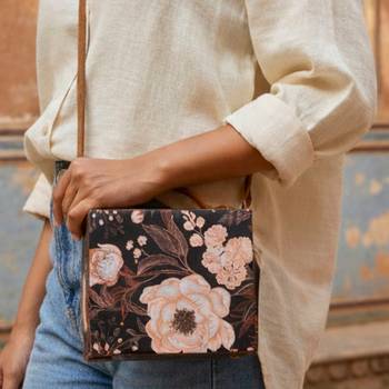 Black floral print suitcase style clutch bag for women with detachable strap 2