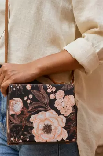 Black floral print suitcase style clutch bag for women with detachable strap