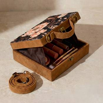 Black floral print suitcase style clutch bag for women with detachable strap 3