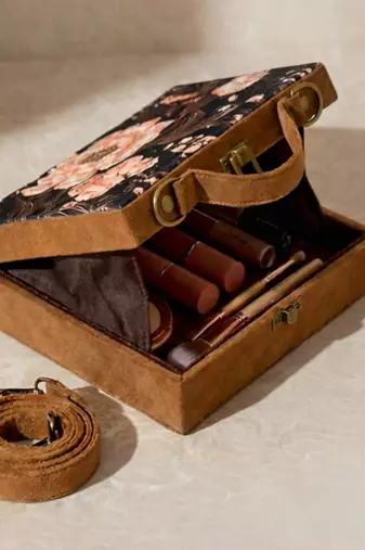 Black floral print suitcase style clutch bag for women with detachable strap