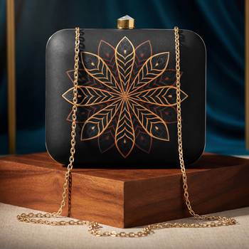 Black & golden mandala printed box clutch bag with detachable chain strap 1