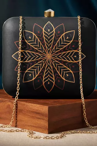 Black & golden mandala printed box clutch bag with detachable chain strap