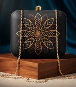 Black & golden mandala printed box clutch bag with detachable chain strap