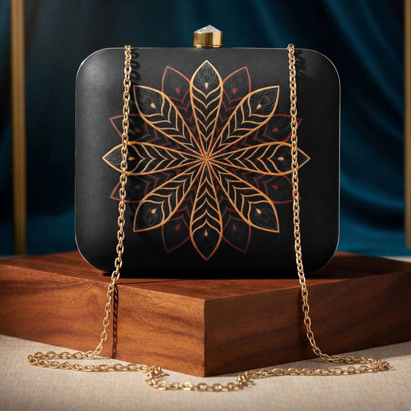 Black & golden mandala printed box clutch bag with detachable chain strap