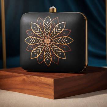Black & golden mandala printed box clutch bag with detachable chain strap 2
