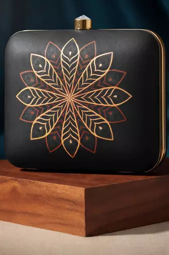 Black & golden mandala printed box clutch bag with detachable chain strap