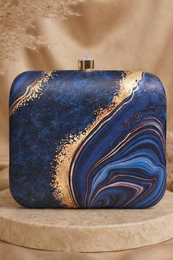 Blue & yellow marble printed box clutch bag for women with detachable strap