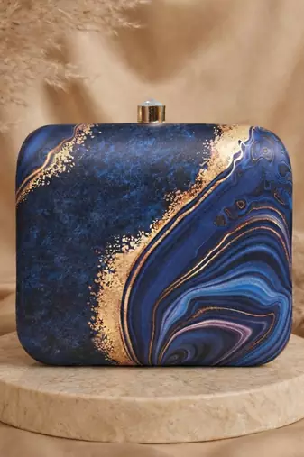 Blue & yellow marble printed box clutch bag for women with detachable strap