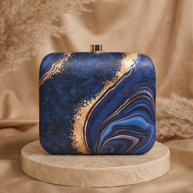 Blue & yellow marble printed box clutch bag for women with detachable strap