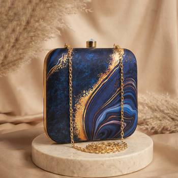 Blue & yellow marble printed box clutch bag for women with detachable strap 2