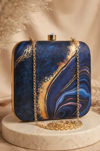 Blue & yellow marble printed box clutch bag for women with detachable strap