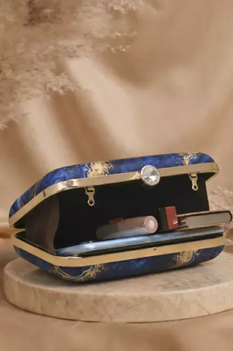 Blue & yellow marble printed box clutch bag for women with detachable strap