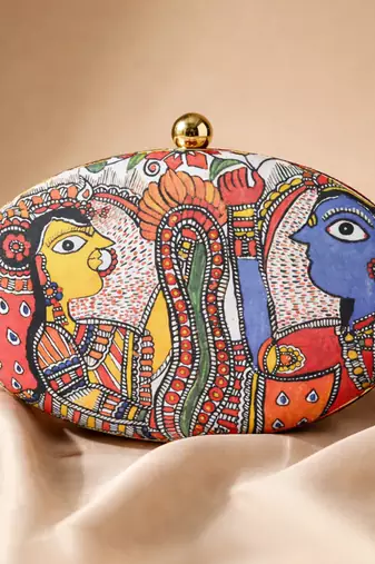 Red & blue printed box clutchbag for women with detachable strap