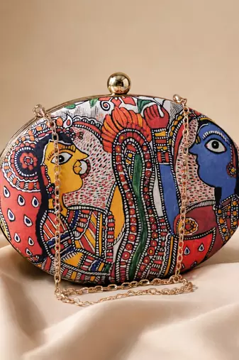 Red & blue printed box clutchbag for women with detachable strap