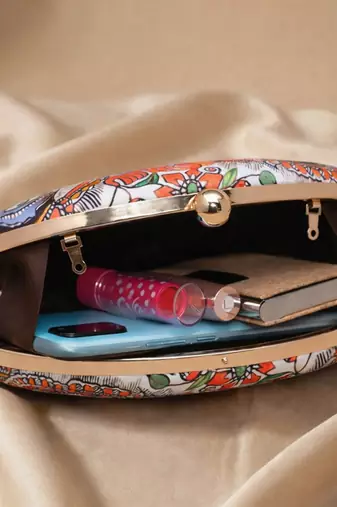 Red & blue printed box clutchbag for women with detachable strap