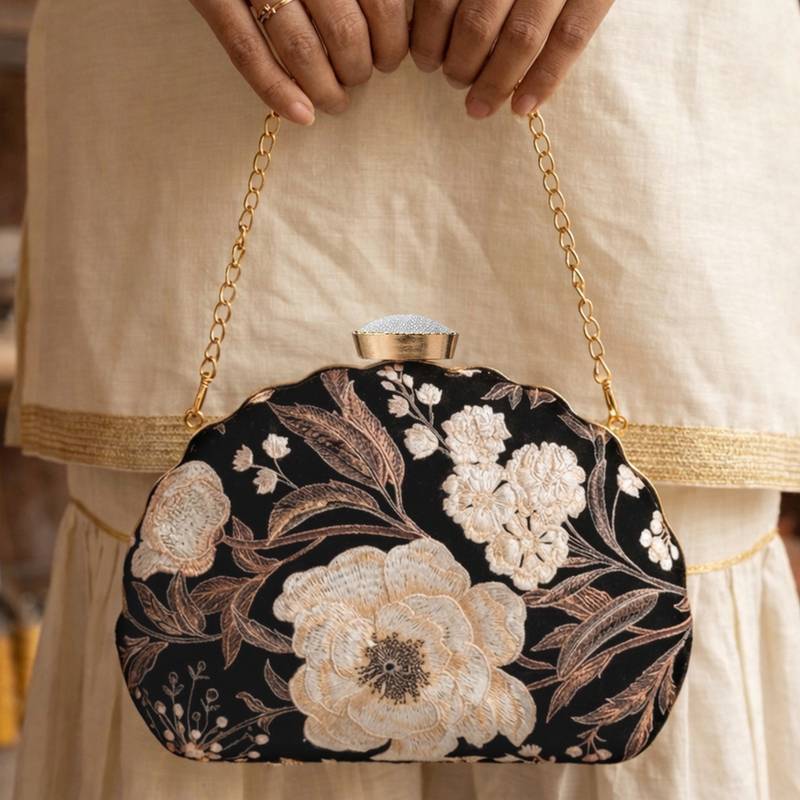 Black & white printed box clutch bag for women with detachable strap