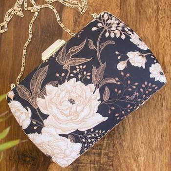Navy blue & peach-coloured floral printed clutch bag for women 1