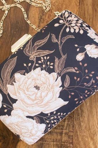 Navy blue & peach-coloured floral printed clutch bag for women