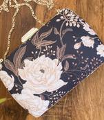 Navy blue & peach-coloured floral printed clutch bag for women