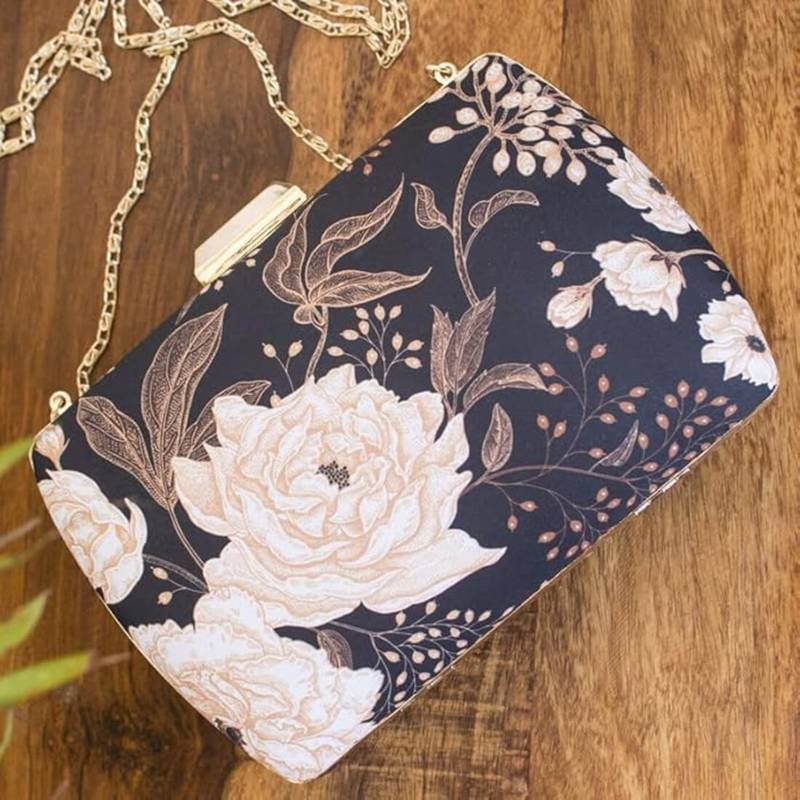 Navy blue & peach-coloured floral printed clutch bag for women