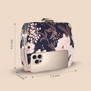 Navy blue & peach-coloured floral printed clutch bag for women 2