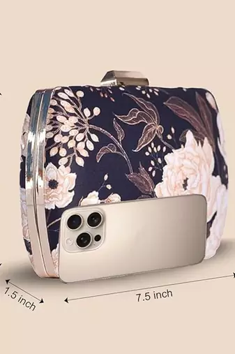 Navy blue & peach-coloured floral printed clutch bag for women
