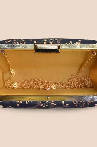 Navy blue & peach-coloured floral printed clutch bag for women