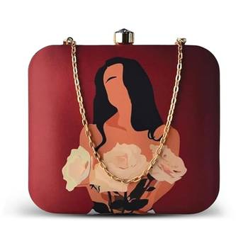Burgundy & black printed box clutch bag for women with detachable strap 1