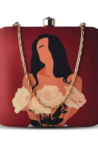 Burgundy & black printed box clutch bag for women with detachable strap
