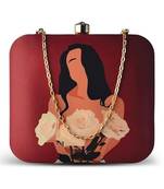 Burgundy & black printed box clutch bag for women with detachable strap