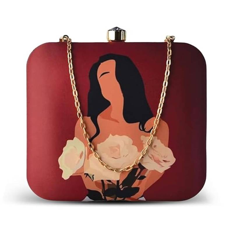 Burgundy & black printed box clutch bag for women with detachable strap