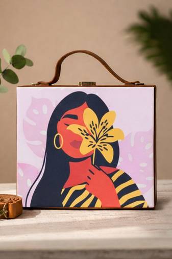 Pink  brown printed box clutch bag for women with detachable strap