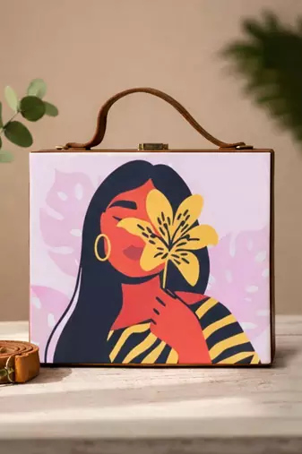 Pink  brown printed box clutch bag for women with detachable strap