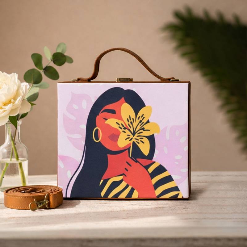 Pink  brown printed box clutch bag for women with detachable strap