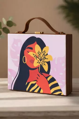 Pink  brown printed box clutch bag for women with detachable strap