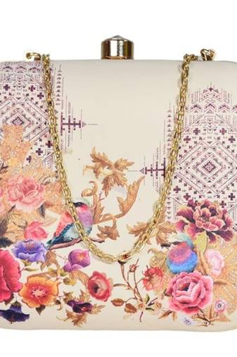 Womens birds floral printed clutch bag with detachable metal chain strap