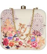 Womens birds floral printed clutch bag with detachable metal chain strap
