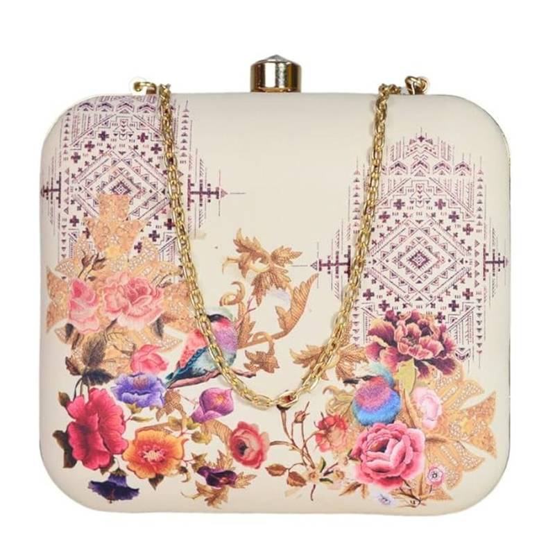 Womens birds floral printed clutch bag with detachable metal chain strap