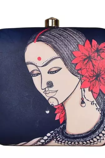 Blue & red indian women printed trendy clutch bag for ladies