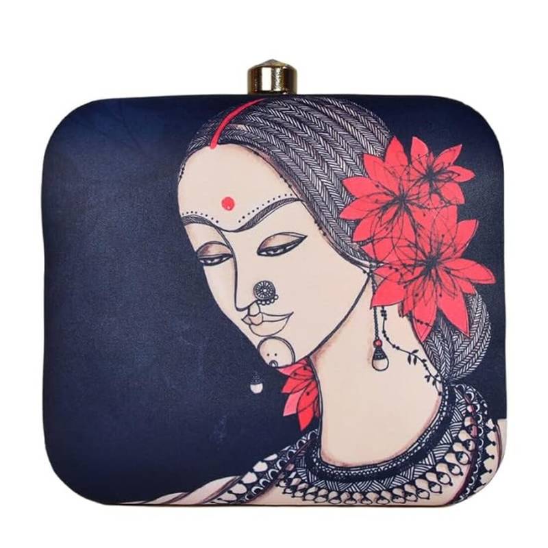 Blue & red indian women printed trendy clutch bag for ladies